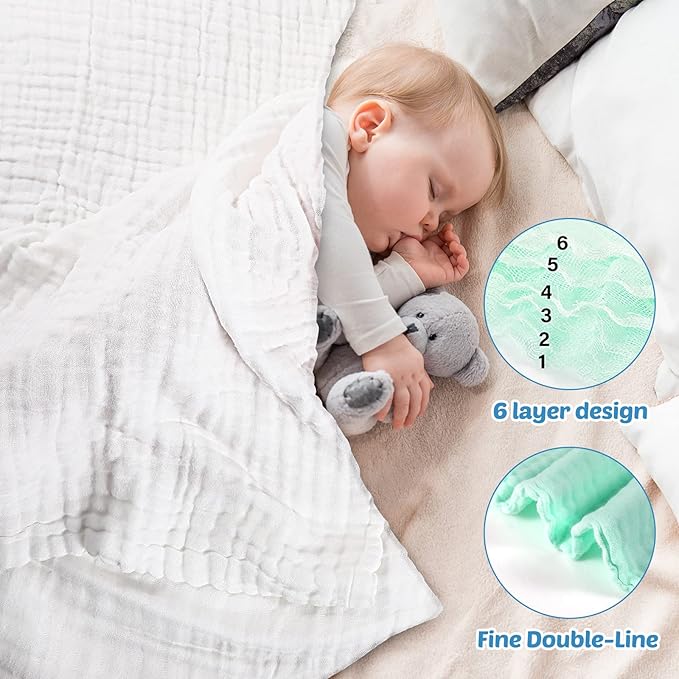 Chumia 6 Pack Baby Muslin Bath Towels Set – Large 43.3x43.3 Inch 6 Layers Soft Cotton Breathable Quick Dry Swaddle Blankets for Newborns, Infants, Toddlers (Multicolor)