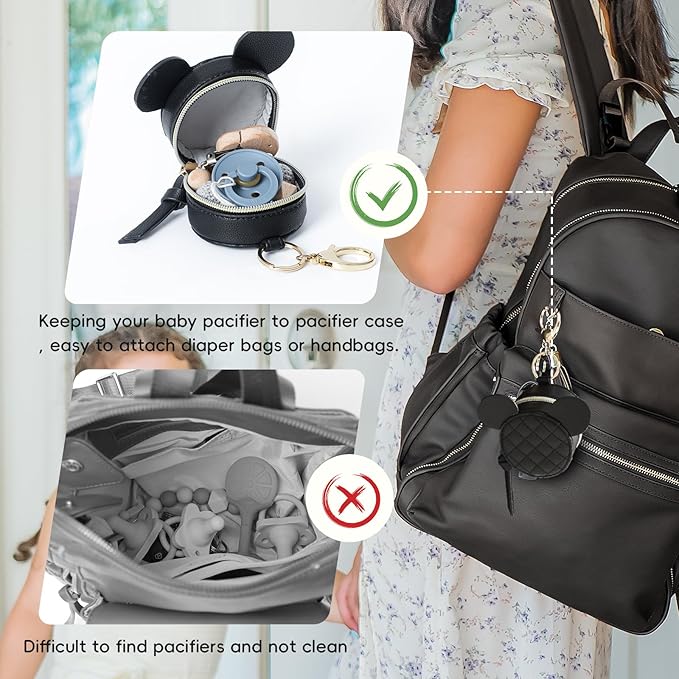 miss fong Pacifier Holder Case with Clip, Pacifier Pouch Cover, Pacifier Charm Pod with Clasp Attach to The Strollers & Diaper Bags, Hold 2 Pacifier or Nipple Shield(Diamond Black)