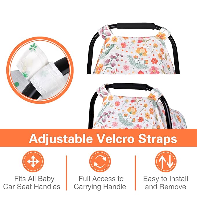 Metplus Car Seat Cover Baby Girl, 100% Muslin Cotton Infant Carseat Covers, Lightweight Breathable Car Seat Canopy, Summer Stroller Sun Shade, Newborn Travel Essentials (Colorful Flower)