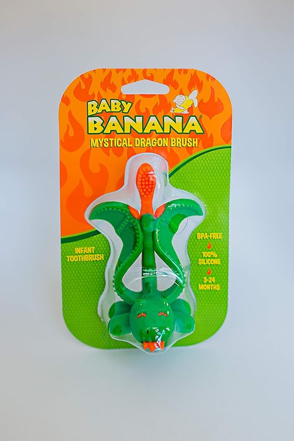 Baby Banana® Dragon Training Teether Toothbrush for Babies and Toddlers, Flexable Silicone with Soft Bristles for Soothing Gums and Cleaning Teeth, Family-Owned Business, Made in USA
