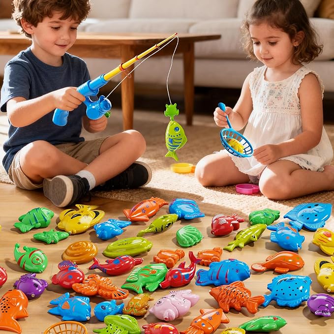Magnetic Fishing Game Toys for Kids Toddlers 3-5 4-8, Water Table Bathtub Toys with Pole Rod Net & Fish, Water Bath Pool Outdoor Fishing Toys for Kids Toddlers Baby Boys Girls Age 3 4 5 6 7 8 Year Old