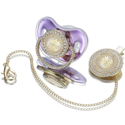 Sparkling Bling Custom Baby Pacifiers and Clips/Holder Kit with Name Personalized with Rhinestones for Boy and Girl Baby Shower (Metallic Purple)