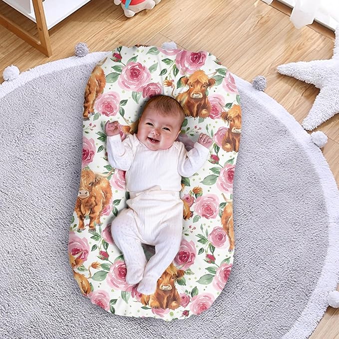 Rose Highland Cattle Baby Crib Cover Infant Lounger Pillows Snuggle Nest Baby Lounger Newborn Lounger Pillow for Infants Travel Holiday
