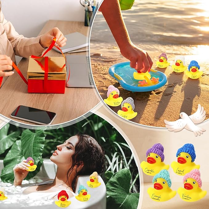 MiniInflat 12 Pcs Christian Mothers Gift Rubber Ducks Bulk with Bible Verses and Knit Hats Church Gifts Mini Religious Inspirational Duck Toys for Graduation Family Women Men Church Party (Yellow)