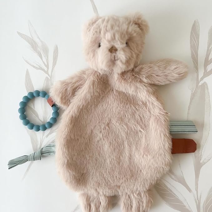 MON AMI Baldwin Bear Security Blanket with Silicone Teether | 12-Inch Plush Lovey for Babies | Soothing Sensory Snuggle Toy | Perfect Newborn Essential for Birthdays & Baby Showers