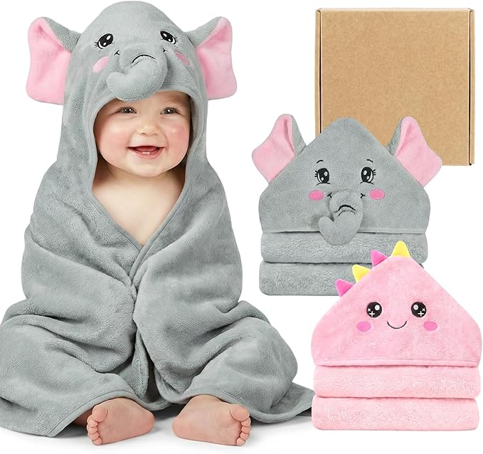 2 Pack Hooded Baby Towels Soft Absorbent Coral Fleece Baby Bath Towels with Animal Hood 32x32 Inch Toddler Bath Towel for 0-3 Years Newborn Baby Shower (Grey Elephant & Pink Dinosaur)