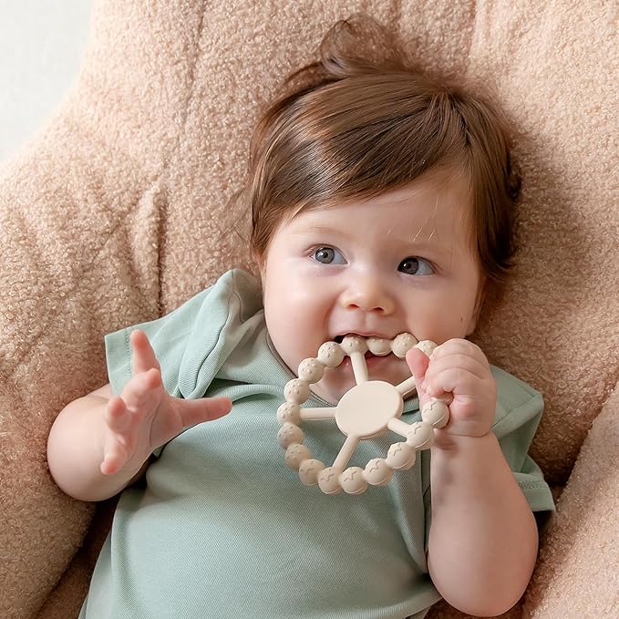 SAMiGO Ring Baby Teether Toys, Silicone Teething Ring Toys for Babies 0-6 6-12 Months, Baby Teethers 0-3 Months, Infant Teething Relief, Boy Girl Baby Essentials Must Haves - 2 Pack