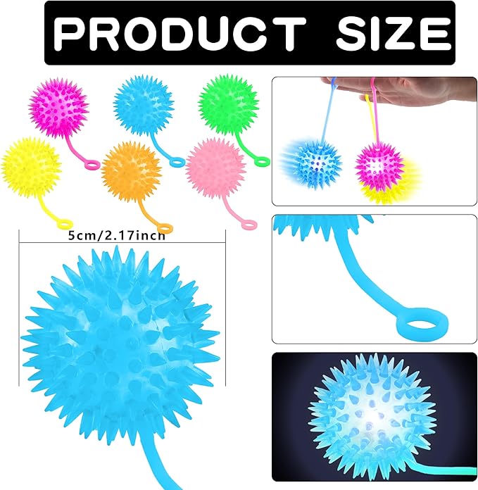 40 Pcs 2.6 Inch Light Up Bouncy Balls LED Spike Ball with Rope Grows in the Dark Multicolor Flashing Balls for Birthday Party Gifts Classroom Prizes