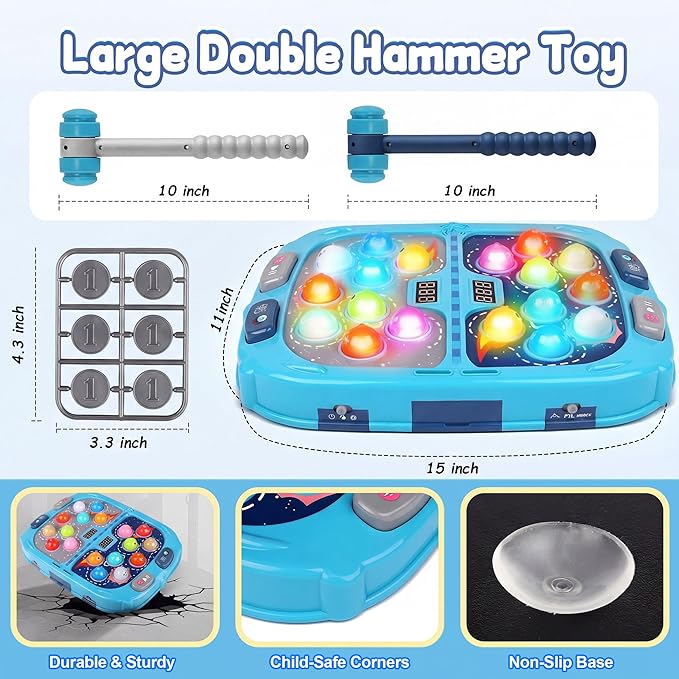 Whack Game Mole, Game 3+ Year Old, 3 Year Old Boy, 4 Year Old Toy, Gift for 3 Year Old, 11x15in Larger 2-Players Whack Toy with 5 Modes, 9 Speeds, 54 Levels, Light&Sounds, Birthday Gift for Todders
