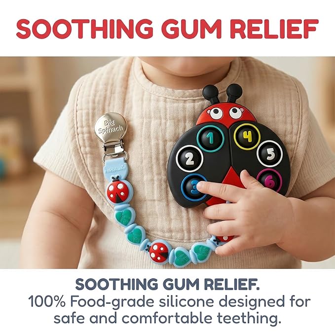 BIGSPINACH Teething Toy & Pacifier Clip Set,Ladybug Pop-It Teether & Pacifier Hold,Multi-Textured Chew Toy with Number Buttons for Early Learning, Baby Teething Relief (Black+Blue)