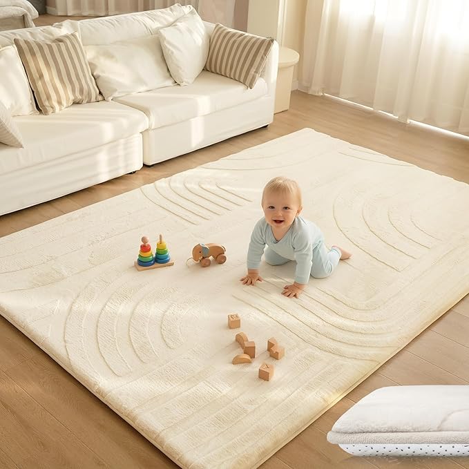 Huloo Sleep 1.3" Thick Fluffy Baby Play Mat for Floor,Elasti Foam Padded Area Rug for Living Room Bedroom,Ultra Soft 3D Carved Kids Rug,Non-Slip Nursery Crawling Mat for Toddlers,4’x6’ Playroom Carpet