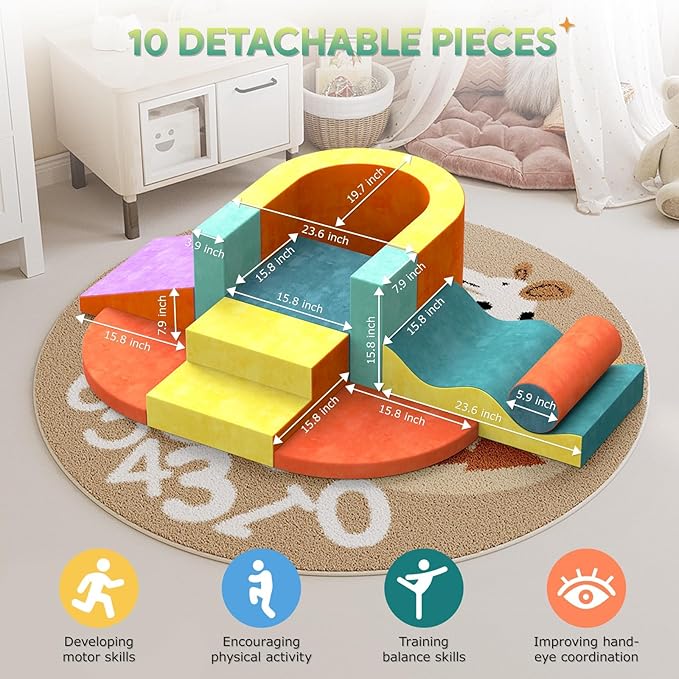10 PCS Color Foam Climbing Blocks for Toddlers, Soft Play Set with Toy Car, Climbing Blocks for Toddlers 1-3, Indoor Climb and Crawl Soft Play Set