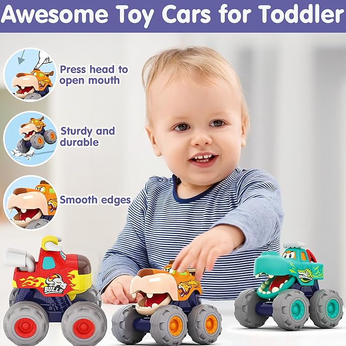 MOONTOY Toy Cars for Toddlers 1-3, 3 Pack Monster Truck Toys for 1 2 3 Year Old Boy Gifts, Baby Animal Play Vehicle Push Pull Back Truck for 12-18 Months 2-4 0-2 1-2 One Year Old Boy 1st Birthday Gift