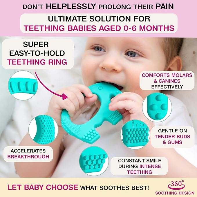 Elefun Baby Teether Pack - Gift 6 Months Blissful Teething Relief - Infant Teethers 0 to 6 Month Baby Shower Gift Set - Safe Silicone Soothing Rings Developmental Infant Chew Toys
