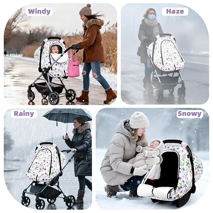 Winter Car Seat Cover Baby, GFU Warm Carseat Cover for Babies, Universal Infant Car Seat Canopy Waterproof, Cold Weather Shield Coats Purple Flowers
