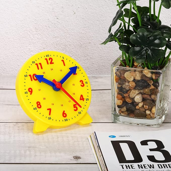 PATIKIL 4 inch Teaching Clock, 2 Pack Learn Clock Learning Tell Time Analog Clock Demonstration Clock 24 Hour 3 Pointers Geared Movement for Classroom Teacher, Yellow