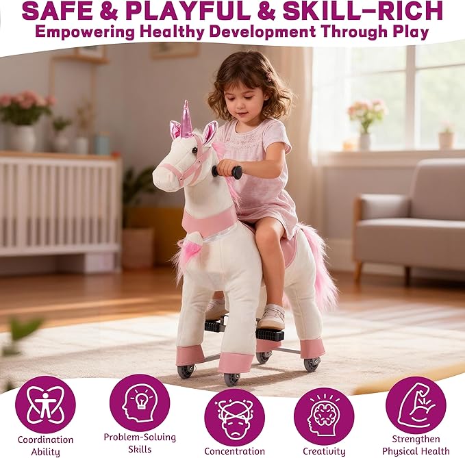Ride on Unicorn Toys, Kids Ride on Horse Riding Horse Toys Ride on Toys for 4-9 Years Old, Premium Plush Animals Toys Walking Horse with Wheels 33.46" L x 11.81" W x 35.83" H