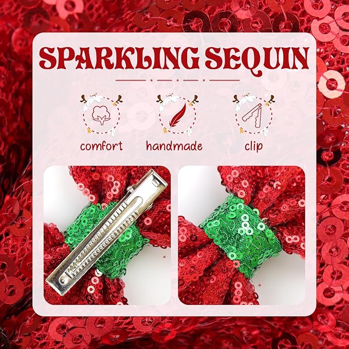 Christmas Hair Accessories - Sequins Bows Alligator Clips with Clips for Girls, Women, Toddlers in Red, White, Green
