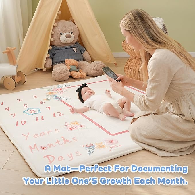 1.3" Thick Playmat for Floor, 50 x50 Monthly Milestone Mat, Padded Support Soft Plush Nursery Mats for Crawling Kick Activity, Flannel Photography Background Prop for Grils