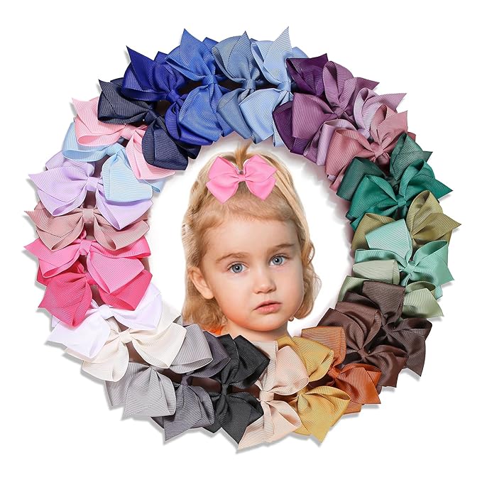 XIMA 30Pcs Grosgrain Ribbon Hair Bows for Girls,Solid Color Alligator Hair Clips,Cute Hair Accessories Set for Toddlers Kids Baby Girls,Hair Barrettes for Daily Wear,School,Party, Birthday Gift