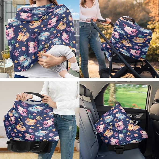 Axolotls Carseat Canopy for Babies Multi-use Nursing Carseat Canopy Nursing Pillow Cover for Baby Boy Girl Breastfeeding Essentials Coral