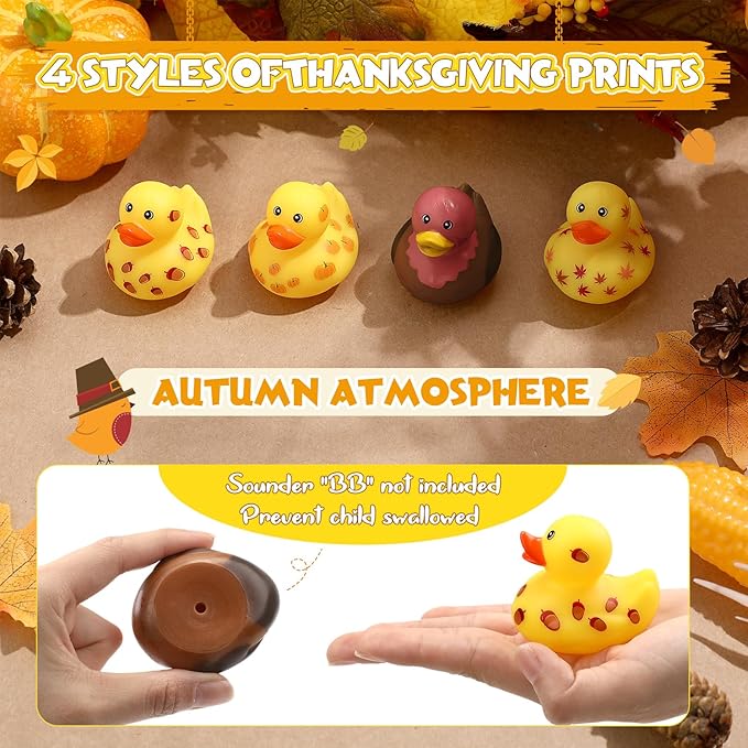 Jerify Thanksgiving Rubber Ducks 2 Inch Fall Rubber Duck with Turkey Leaf Pumpkin Nut Patterns Small Ducks Bathtub Bathing for Holiday Autumn Table Centerpiece Party Supplies, 4 Styles(48 Pcs)