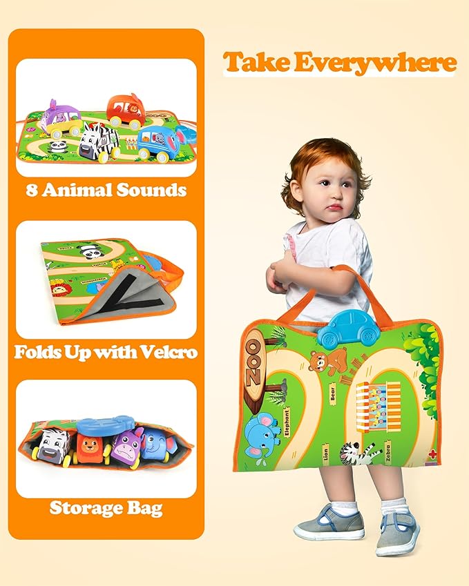 Helsort Baby Car Toys for 1 Year Old Boy with Musical Playmat, Animal Sounds and Pull Back Vehicles for Toddlers 1-3, Soft Baby Learning Toys 12-18 Months, 1st Birthday Gifts for One Year Olds