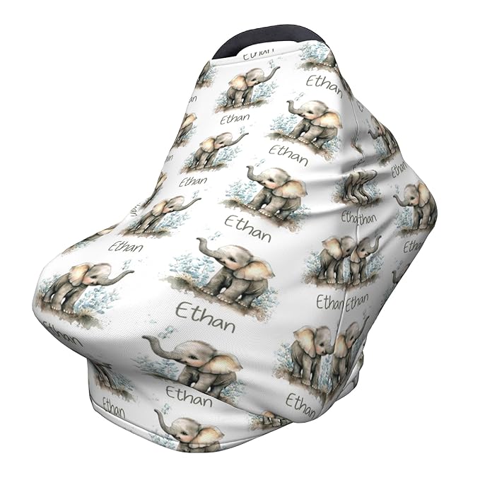 Personalized Elephant Baby Car Seat Cover with Name,Multi-Use Canopy for Nursing, Strollers,Shopping Carts,Customized Breastfeeding Cover, Full Privacy,Infant Stroller Cover