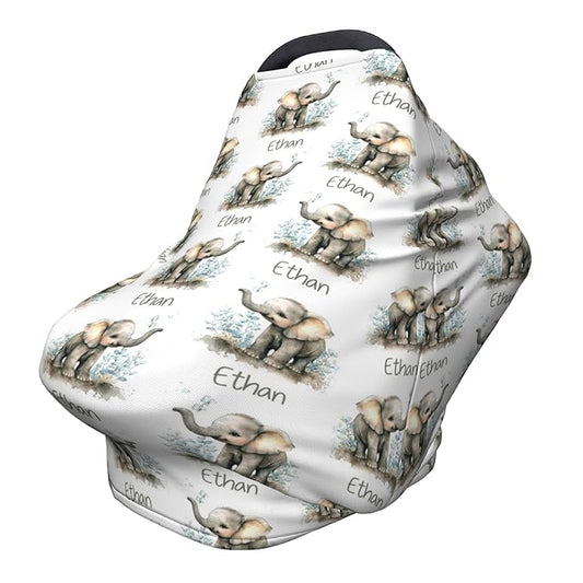 Personalized Elephant Baby Car Seat Cover with Name,Multi-Use Canopy for Nursing, Strollers,Shopping Carts,Customized Breastfeeding Cover, Full Privacy,Infant Stroller Cover