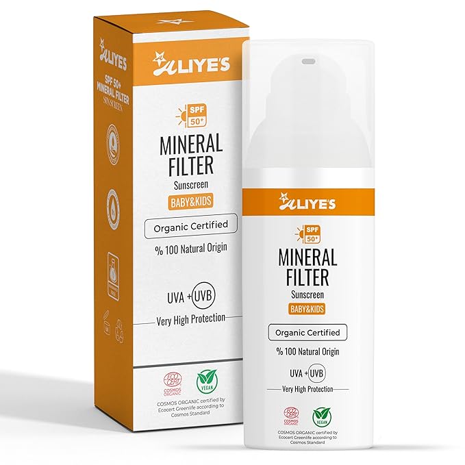 ALIYES SPF 50+ Organic Baby&Kids Mineral Sunscreen – Safe for Babies - Water Resistant Sun Cream – Broad Spectrum UVA/UVB Sun Protection – Vegan Baby Sunscreen Lotion, 1.69 FL