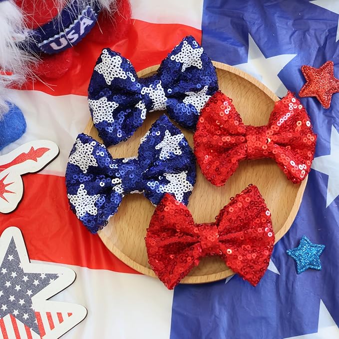 Red Sequin Hair Bows for Girls Blue Star Sparkly Alligator Clips 4th of July Glitter Hair Accessories for Little Teen Toddler Girls Kids Gift