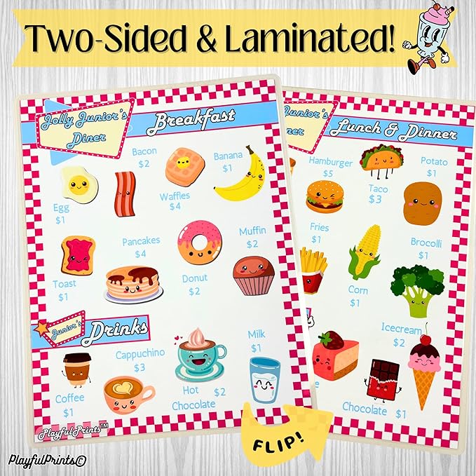 Pretend Resturant Menus For Kids, Diner Menu Playset For Play Food Play Kitchen Accessories, Kids Kitchen playset, Kitchen Set For Toddlers, Toy Kitchen Toys By PlayfulPrints