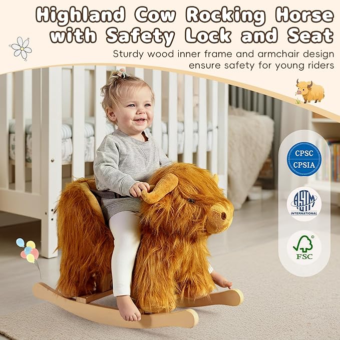 Baby Rocking Horse,Highlander Cattle Wooden Rocking Horse for Toddlers 1 Year Old Cute Cow Stuffed Plush Ride-on Toy Rocking Animal for Baby Boys and Girls Nursery/Child Christmas or Birthday Gift