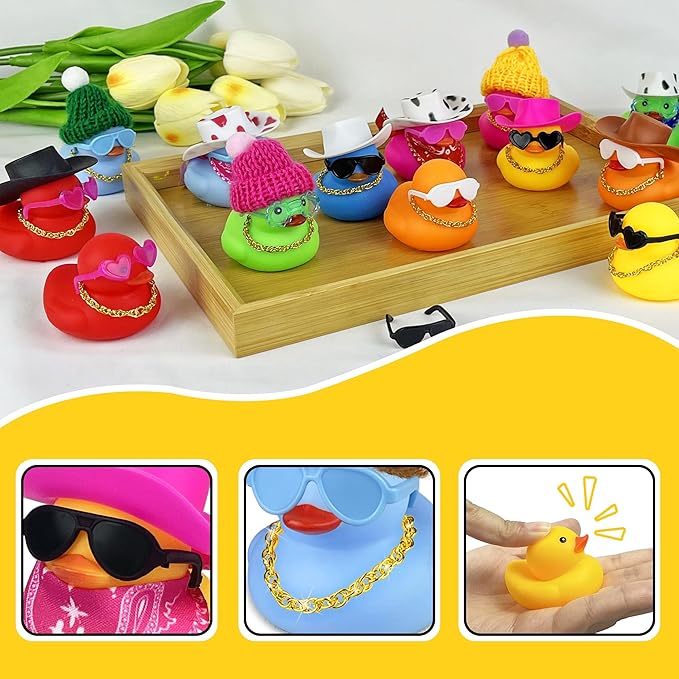 16Set 64PCS Mini Duck Toys Bulk Decoration with Hat Scarf Necklace Sunglasses Cute Tiny Duck Figurines for Kids Teens Birthday Baby Shower Swimming Pool Party Favors Classroom Prizes