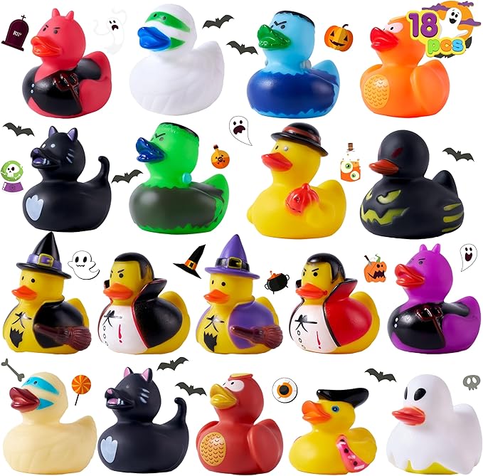 JOYIN 18 PCS Halloween Rubber Ducks, Halloween Ducks Toys for Trick or Treating Goodie Bag Fillers, Bathtub Toys Duckies for Halloween Party Favors Decorations, School Classroom Game Prizes