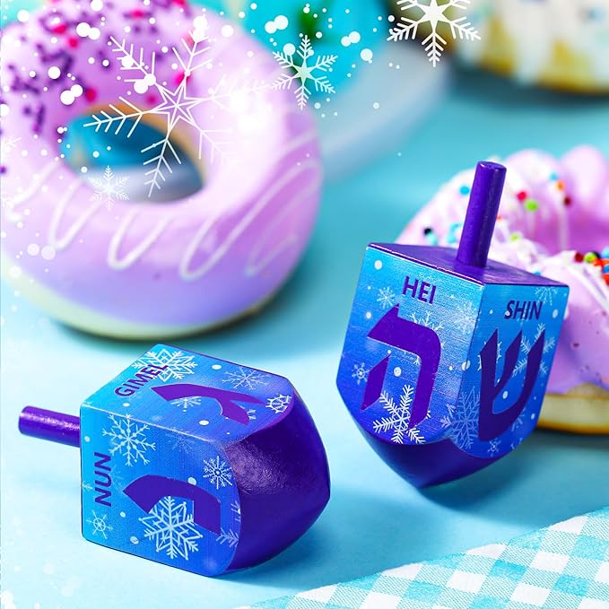 Wonderjune 2 Pcs Hanukkah Dreidels Extra Large Wooden Dreidel for Hanukkah Decoration with English Transliteration, Forever Spinning Tops Party Favors(Snowflake)