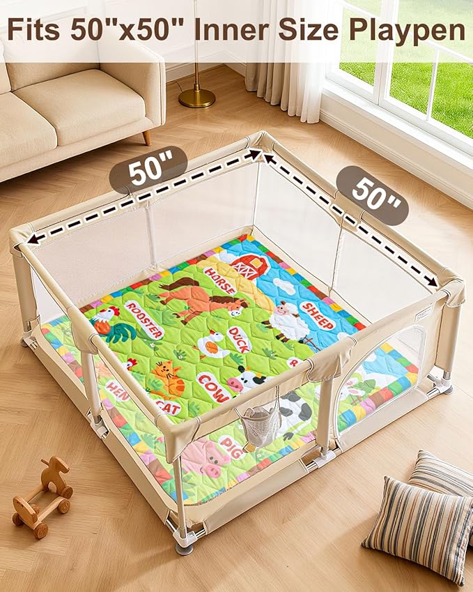 Foam Baby Play Mat 50x50, Removable and Machine Washable Cover, Thicken Cushioning Playmat and Perfect for Playpen, Non-Slip Bottom, Easy to Clean for Infants, Toddlers & Babies(Farm)