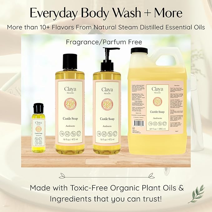 Claya Liquid Castile Soap – Organic Ingredients, Biodegradable, Gentle for Sensitive Skin and Versatile Use (16 fl oz (Pump Cap), Unscented)
