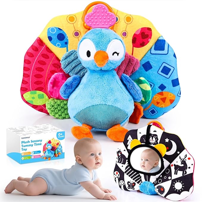 Baby Sensory Tummy Time Toys 0-3-6-12 Months, High Contrast Newborn Infant Peacock Toy, Washable Stuffed Animal Toy with Mirror Crinkle Rattle Teether,Baby Boy Girl Shower Gifts Easter Basket Stuffers