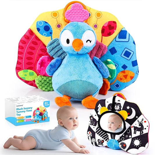 Baby Sensory Tummy Time Toys 0-3-6-12 Months, High Contrast Newborn Infant Peacock Toy, Washable Stuffed Animal Toy with Mirror Crinkle Rattle Teether,Baby Boy Girl Shower Gifts Easter Basket Stuffers