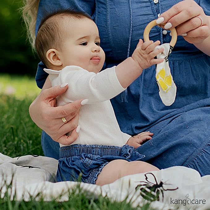Kanga Care Baby Soft Muslin Sensory Crinkle Bunny Ear Wood Teething Ring - Unity Bees