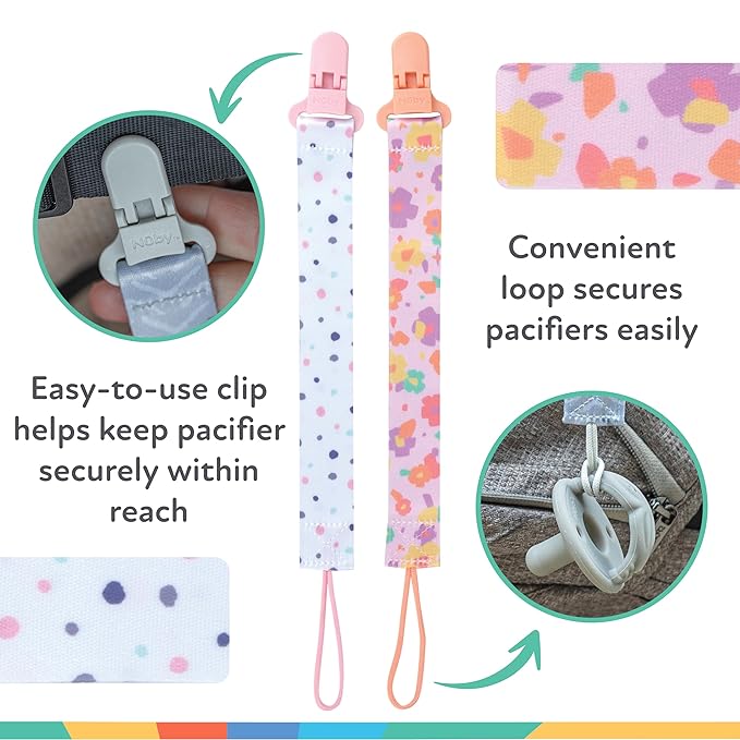 Nuby Pacifinder Baby Pacifier Clip - (24-Pack) - Pacifier Holder Clip with Convenient Hook Loop - Flowers and Polka Dots
