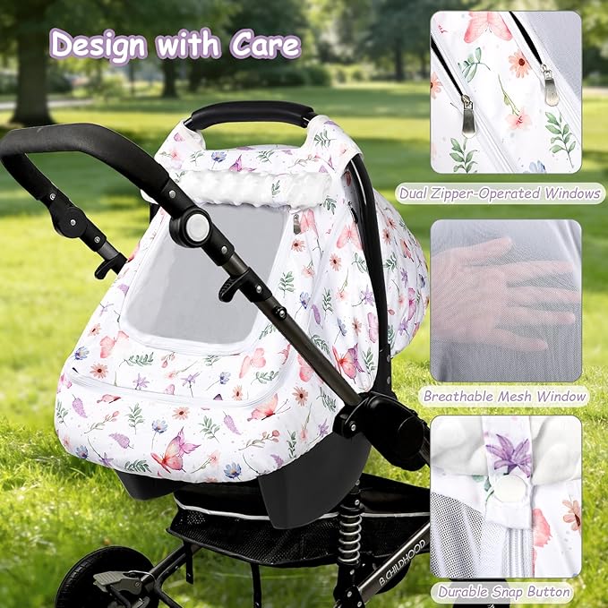 Baby Car Seat Cover, Pea Pod Universal Infant Car Seat Cover with Sunshade & Mesh Windows - Breathable Minky Lined Canopy Cover for Stroller- Soft Butterfly Carseat cover for Newborns