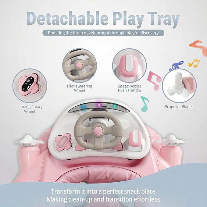 7 in 1 Foldable Baby Walker, Infant Activity Walker w/Adjustable Height, Detachable Play Tray with Music & Light, Baby Push Walker with Wheels for Boys Girls 7-18 Months, Speed Control, Pink