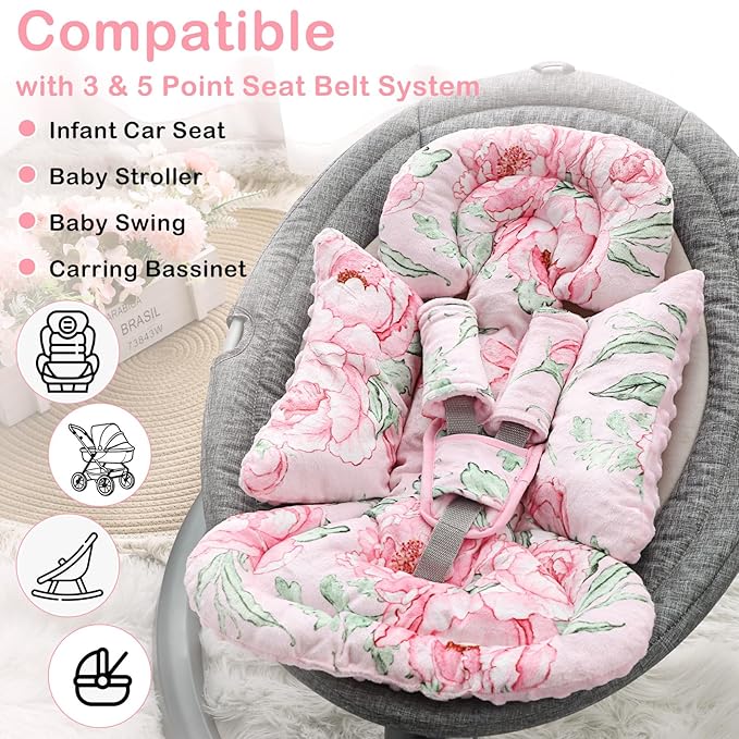 DILIMI Infant Car Seat Insert, Baby Car Seat Head Support with 3 Strap Paddings, Soft Newborn Car Seat Cushion for Stroller, Swing, Bouncers, Pink Flower