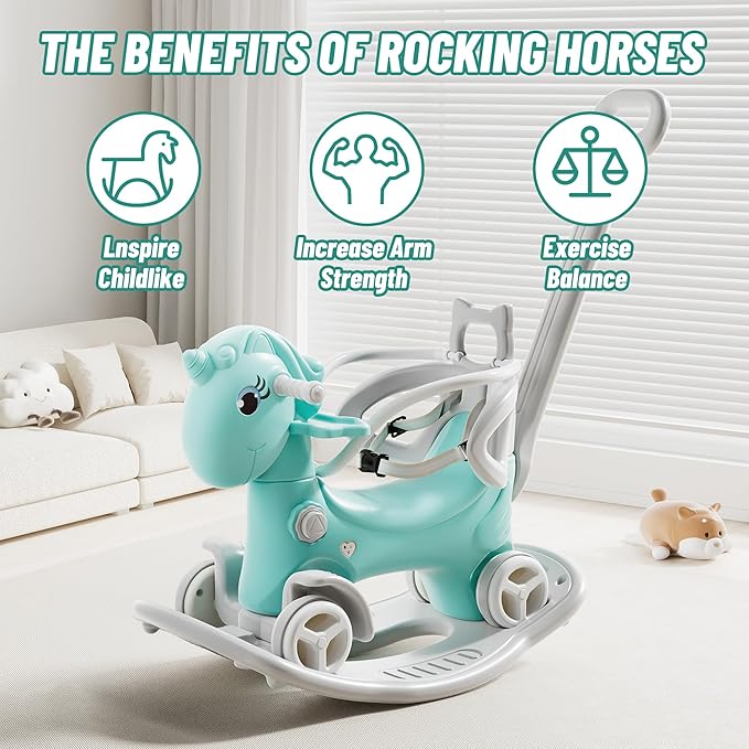 4 in 1 Rocking Horse for Toddlers 1.5-3 Years Old, Balance Bike Ride On Toys with Push Handle, Baby Rocking Toy Backrest and Balance Board for Baby Girl and Boy Fun Birthday Gift (Upgraded Blue)