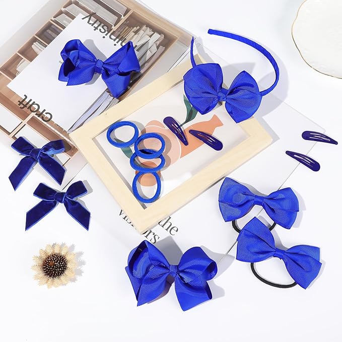 DEEKA Royal Blue 15 Pieces Hair Accessories Set - Uniform Hair Bows, Clips, Headband, Ties for Toddler School Girls