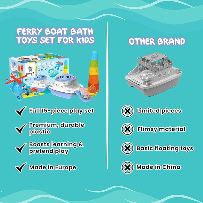 Ferry Fun & Friends – 15pcs & Baby Bath Toys with Ferry Boats, Cars for Bathtub, Trucks, Helicopter, Stacking Cups & Toy Animals, Toddler Bath Toys for 1 Year Old, Toddler Pool Boat Baby Toy