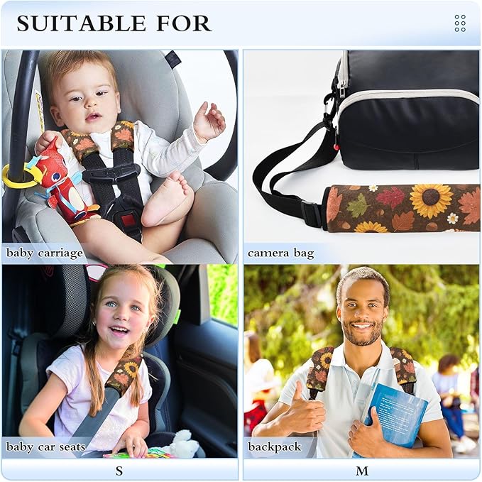 2 Pack Seatbelt Covers Seat Belt Cover Pad for Adults Boys Girls Car Seat Strap Covers Pads Cushion Universal Shoulder Strap Pad Protector for Backpack Camera Bag 6.5 Inch Sunflowers Maple Leaves Pump
