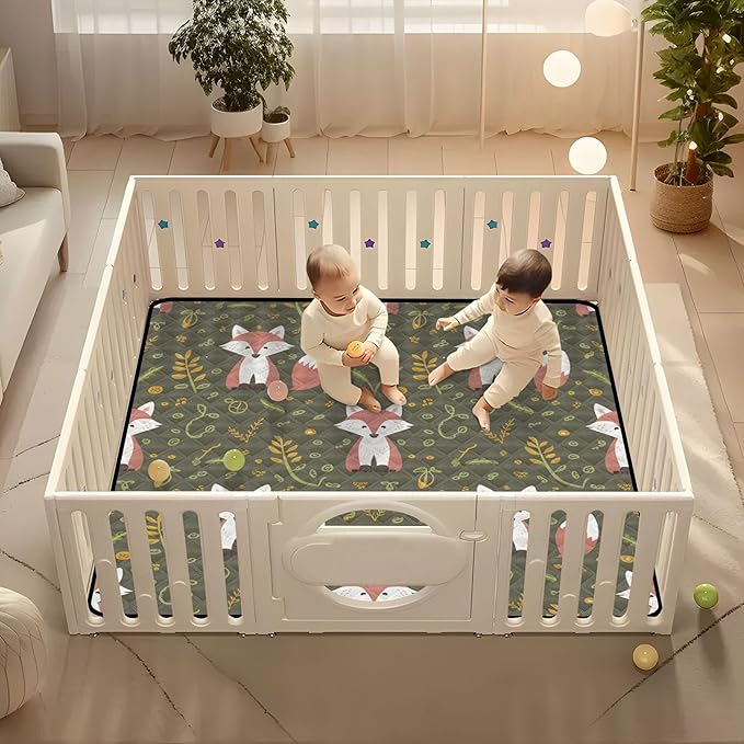 Animal Foxes Leave Green Baby Playmat Washable Playroom Crawling Mat Non-Slip Play Mats for Floor 50x50 Playpen Mat